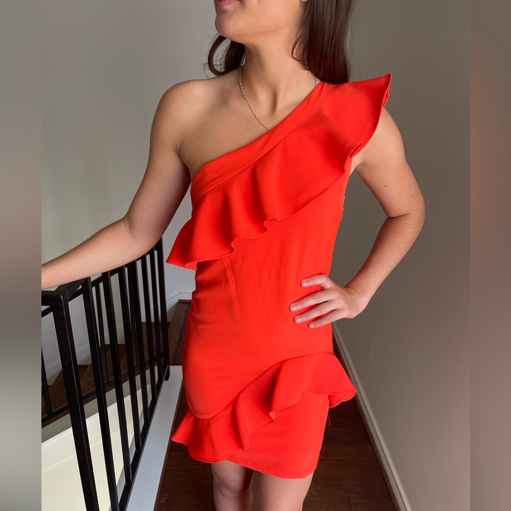 Orange/Red Body Con Asymmetrical Mini Dress